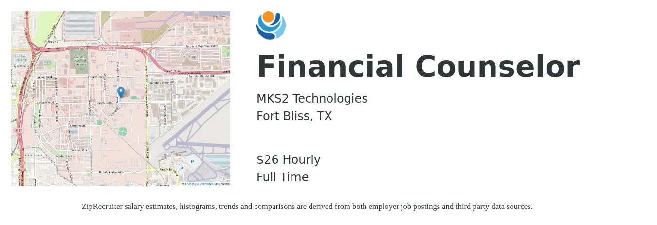 MKS2 Technologies job posting for a Financial Counselor in Fort Bliss, TX with a salary of $27 Hourly with a map of Fort Bliss location.