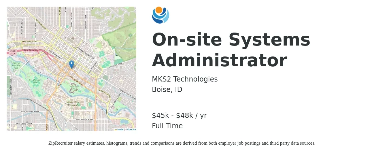MKS2 Technologies job posting for a On-site Systems Administrator in Boise, ID with a salary of $45,000 to $48,000 Yearly with a map of Boise location.