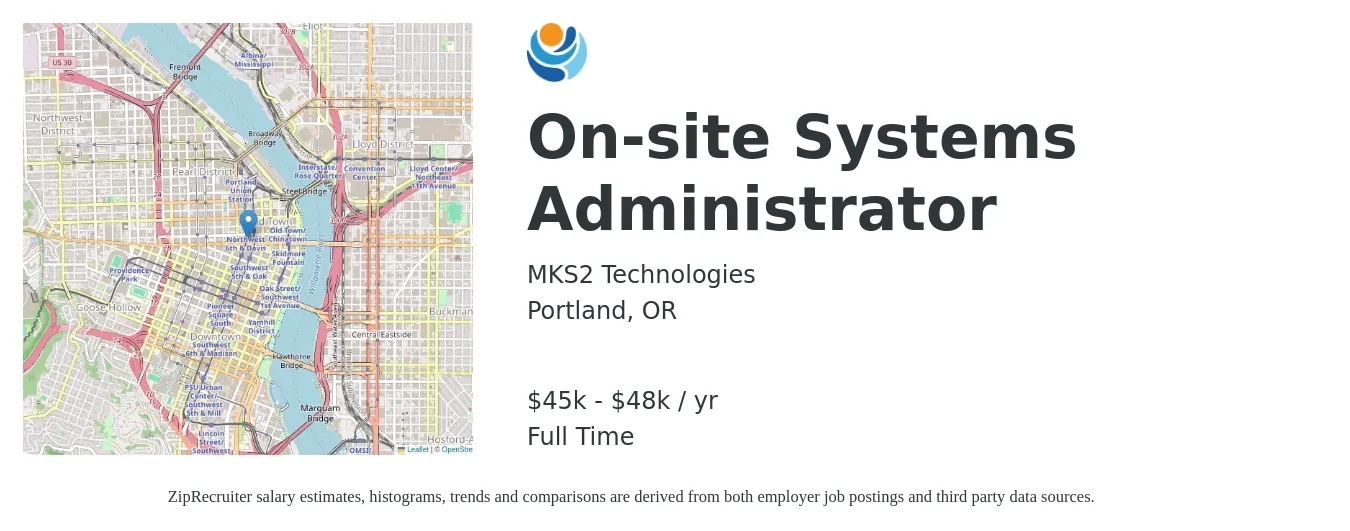 MKS2 Technologies job posting for a On-site Systems Administrator in Portland, OR with a salary of $45,000 to $48,000 Yearly with a map of Portland location.