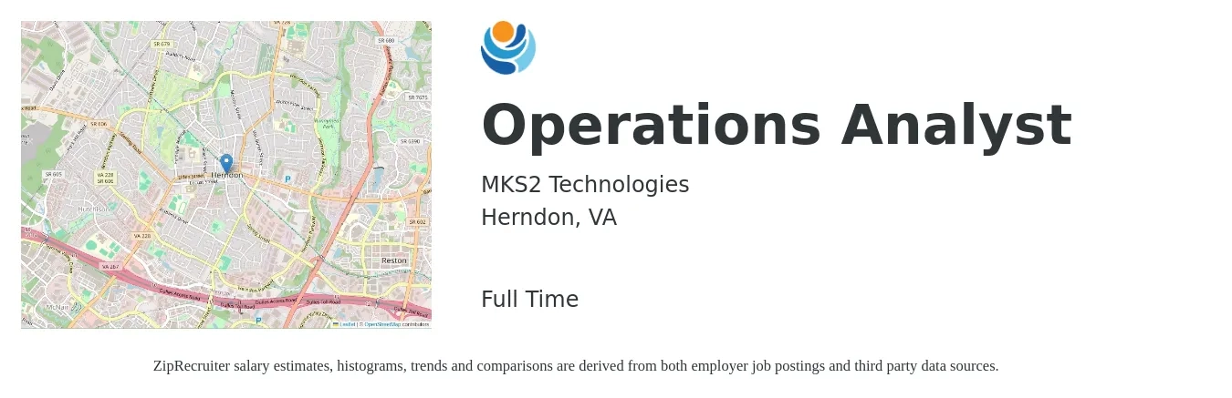 MKS2 Technologies job posting for a Operations Analyst in Herndon, VA with a salary of $26 to $43 Hourly with a map of Herndon location.