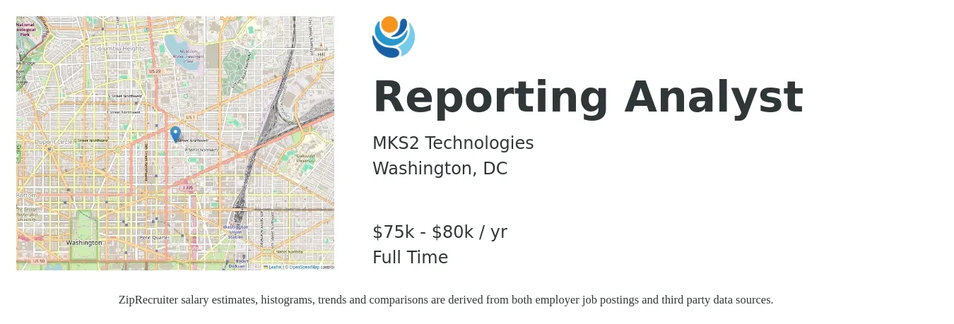MKS2 Technologies job posting for a Reporting Analyst in Washington, DC with a salary of $75,000 to $80,000 Yearly with a map of Washington location.
