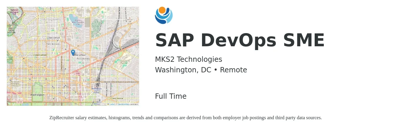 MKS2 Technologies job posting for a SAP DevOps SME in Washington, DC with a salary of $60 to $82 Hourly with a map of Washington location.