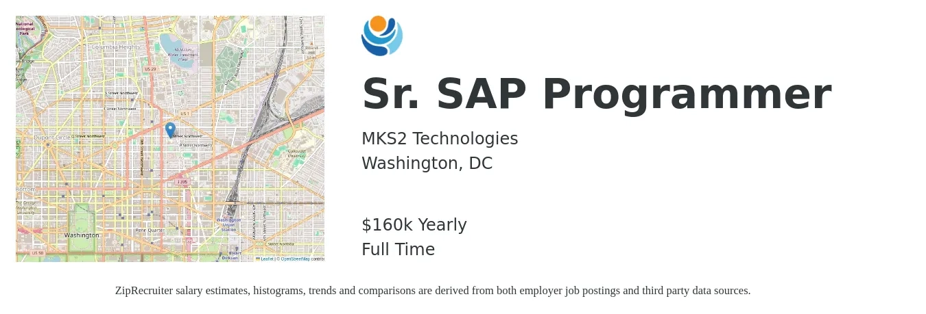 MKS2 Technologies job posting for a Sr. SAP Programmer in Washington, DC with a salary of $160,000 Yearly with a map of Washington location.