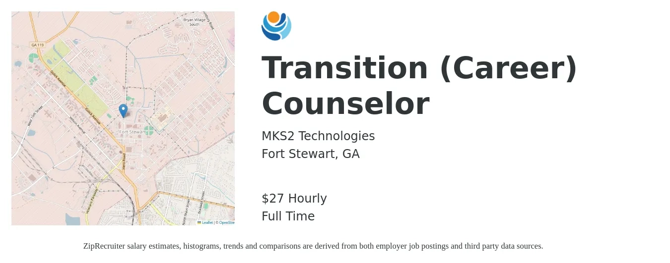 MKS2 Technologies job posting for a Transition (Career) Counselor in Fort Stewart, GA with a salary of $27 Hourly with a map of Fort Stewart location.