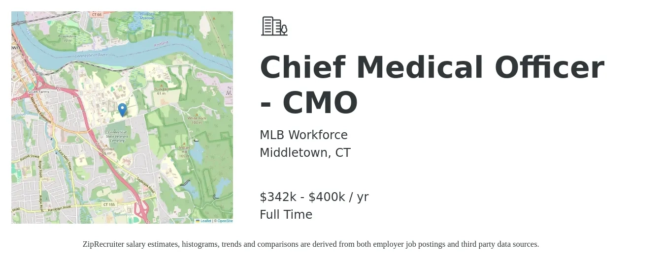 MLB Workforce job posting for a Chief Medical Officer - CMO in Middletown, CT with a salary of $342,000 to $400,000 Yearly with a map of Middletown location.
