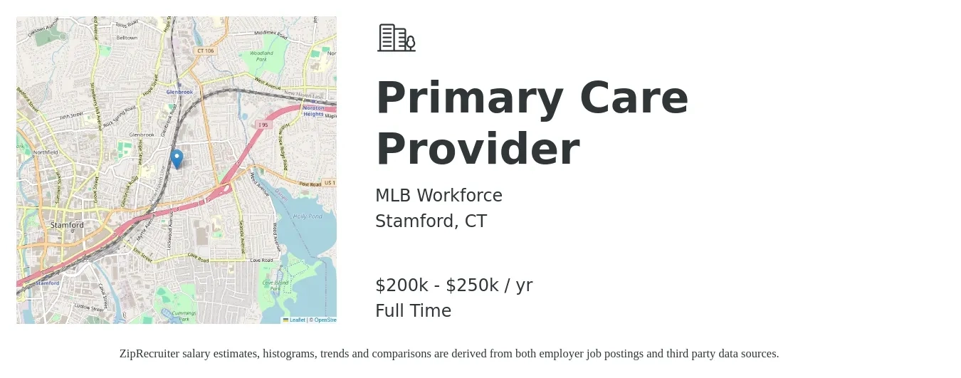 MLB Workforce job posting for a Primary Care Provider in Stamford, CT with a salary of $200,000 to $250,000 Yearly with a map of Stamford location.