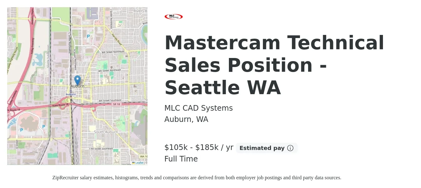 MLC CAD Systems job posting for a Mastercam Technical Sales Position - Seattle WA in Auburn, WA with a salary of $105,000 to $185,000 Yearly with a map of Auburn location.
