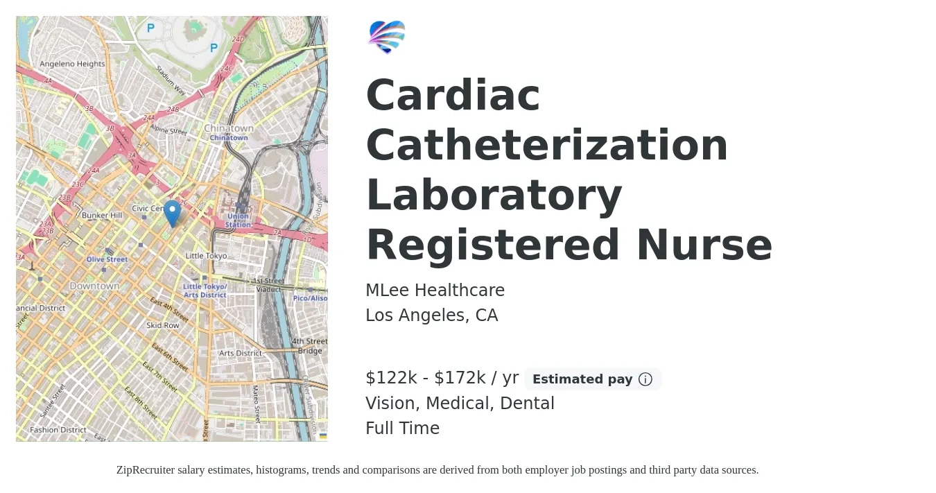 MLee Healthcare job posting for a Cardiac Catheterization Laboratory Registered Nurse in Los Angeles, CA with a salary of $122,987 to $172,000 Yearly and benefits including pto, retirement, vision, dental, life_insurance, and medical with a map of Los Angeles location.