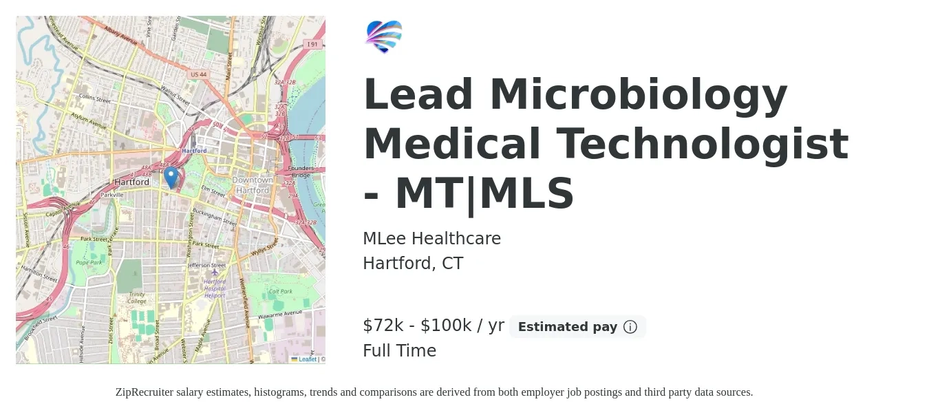 MLee Healthcare job posting for a Lead Microbiology Medical Technologist - MT / MLS in Hartford, CT with a salary of $72,000 to $100,000 Yearly and benefits including dental, life_insurance, medical, pto, retirement, and vision with a map of Hartford location.
