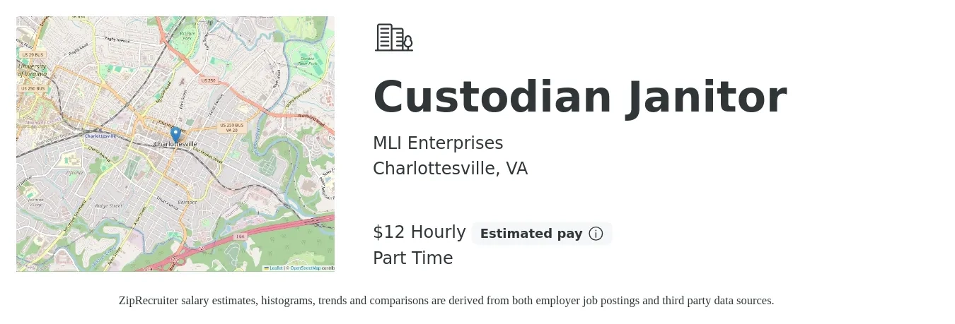 MLI Enterprises job posting for a Custodian Janitor in Charlottesville, VA with a salary of $13 Hourly with a map of Charlottesville location.