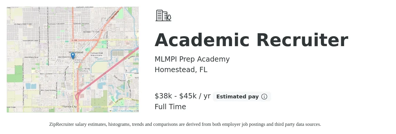 MLMPI Prep Academy job posting for a Academic Recruiter in Homestead, FL with a salary of $38,000 to $45,000 Yearly with a map of Homestead location.