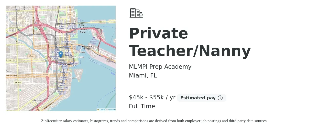 MLMPI Prep Academy job posting for a Private Teacher/Nanny in Miami, FL with a salary of $45,000 to $55,000 Yearly with a map of Miami location.