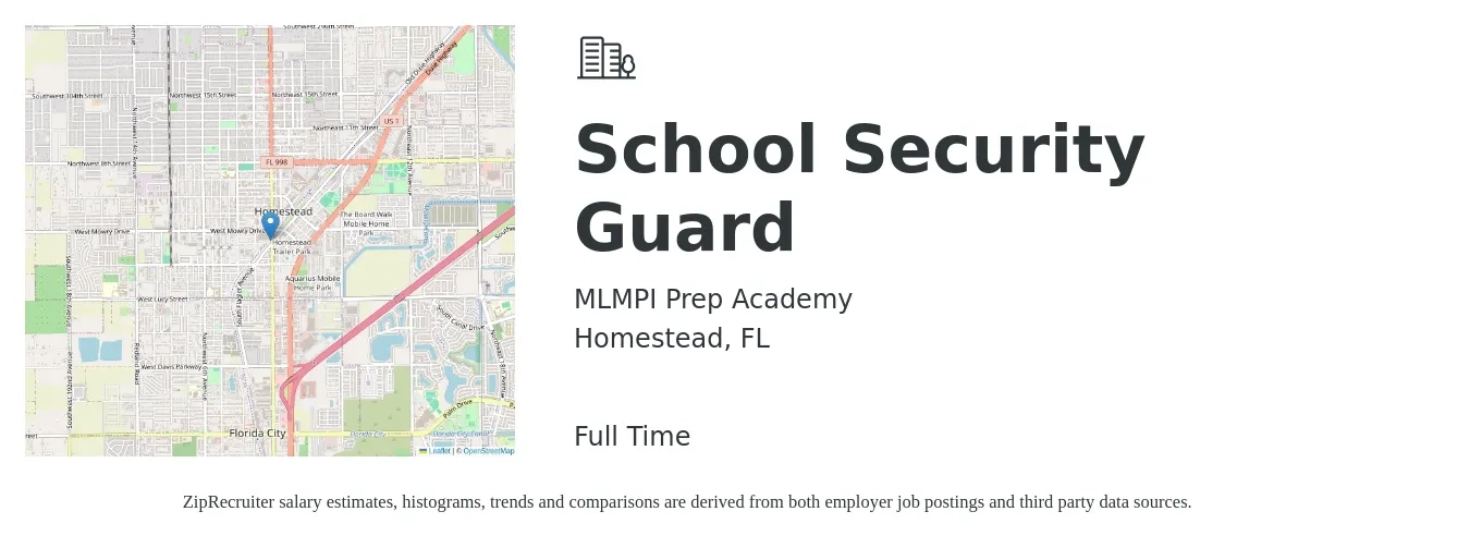 MLMPI Prep Academy job posting for a School Security Guard in Homestead, FL with a salary of $15 to $18 Hourly with a map of Homestead location.