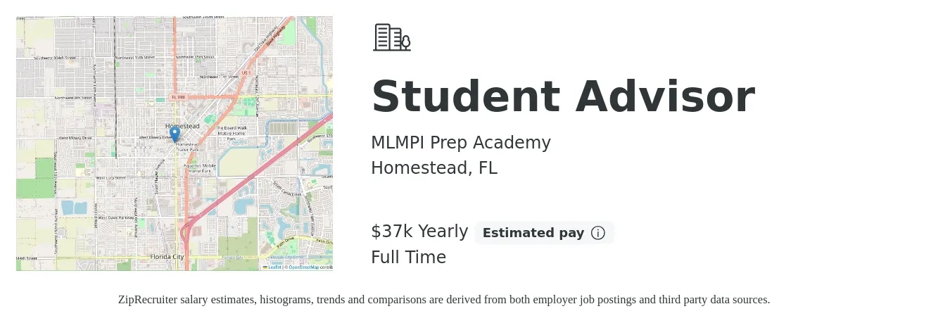 MLMPI Prep Academy job posting for a Student Advisor in Homestead, FL with a salary of $37,500 Yearly with a map of Homestead location.