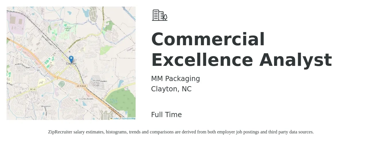 MM Packaging job posting for a Commercial Excellence Analyst in Clayton, NC with a salary of $25 to $44 Hourly with a map of Clayton location.
