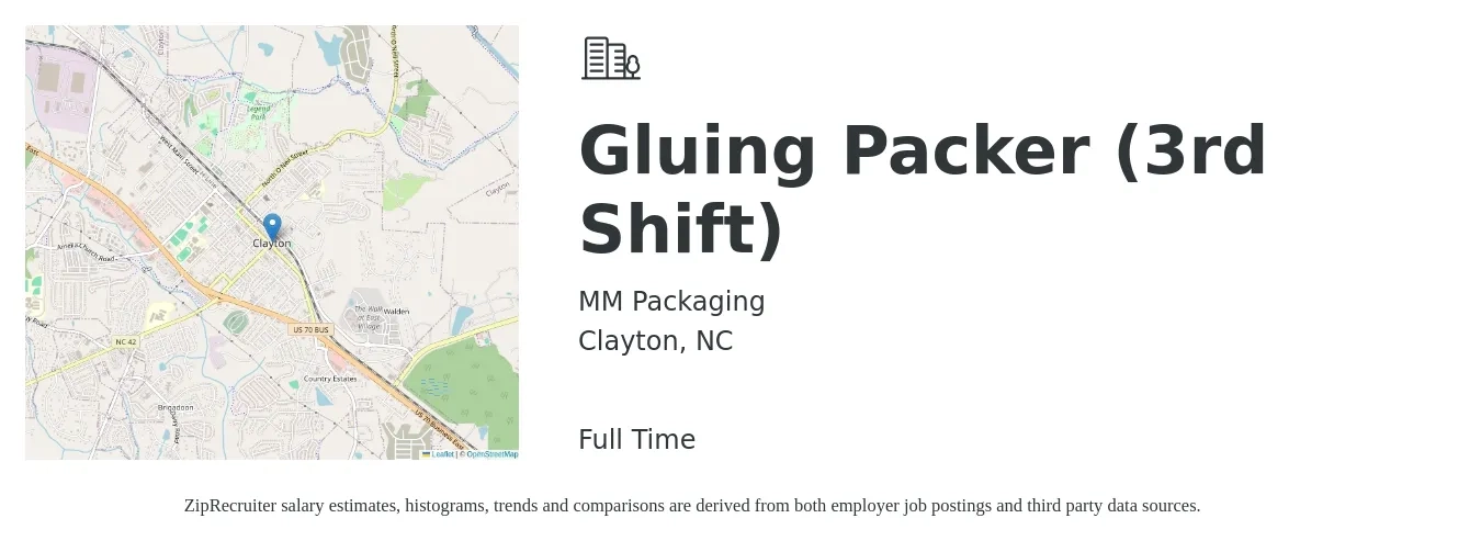 MM Packaging job posting for a Gluing Packer (3rd Shift) in Clayton, NC with a salary of $13 to $15 Hourly with a map of Clayton location.