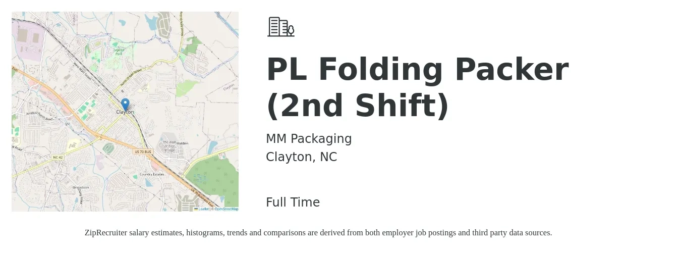 MM Packaging job posting for a PL Folding Packer (2nd Shift) in Clayton, NC with a salary of $13 to $15 Hourly with a map of Clayton location.