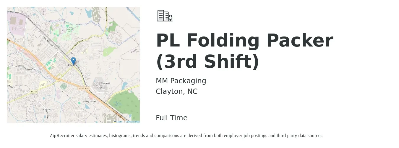 MM Packaging job posting for a PL Folding Packer (3rd Shift) in Clayton, NC with a salary of $13 to $15 Hourly with a map of Clayton location.