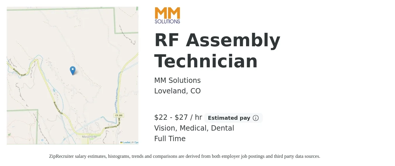 MM Solutions job posting for a RF Assembly Technician in Loveland, CO with a salary of $23 to $28 Hourly and benefits including dental, life_insurance, medical, pto, retirement, and vision with a map of Loveland location.