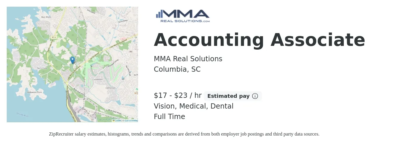 MMA Real Solutions job posting for a Accounting Associate in Columbia, SC with a salary of $18 to $24 Hourly and benefits including medical, pto, retirement, vision, dental, and life_insurance with a map of Columbia location.