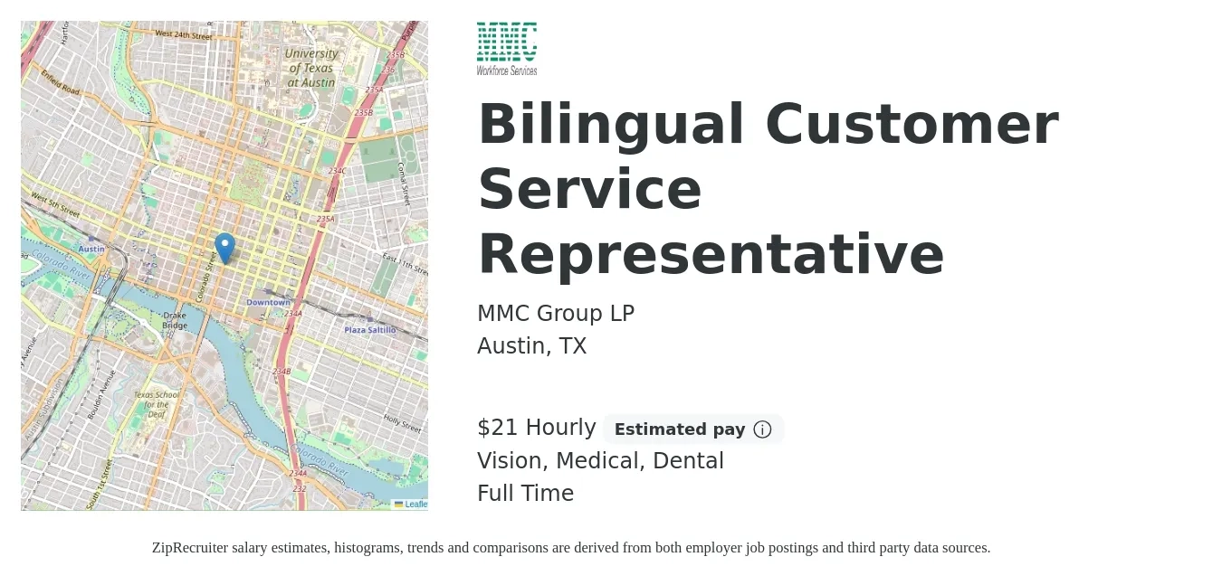 MMC Group LP job posting for a Bilingual Customer Service Representative in Austin, TX with a salary of $22 to $23 Hourly and benefits including vision, dental, and medical with a map of Austin location.