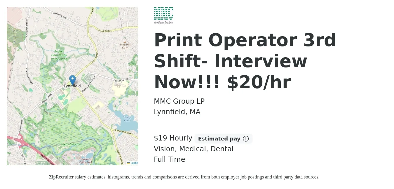 MMC Group LP job posting for a Print Operator 3rd Shift- Interview Now!!! $20/hr in Lynnfield, MA with a salary of $20 Hourly and benefits including medical, vision, and dental with a map of Lynnfield location.