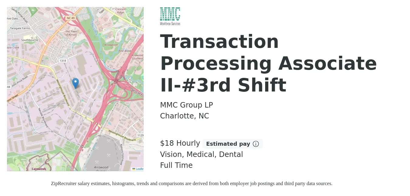 MMC Group LP job posting for a Transaction Processing Associate II-#3rd Shift in Charlotte, NC with a salary of $19 Hourly and benefits including dental, life_insurance, medical, retirement, and vision with a map of Charlotte location.
