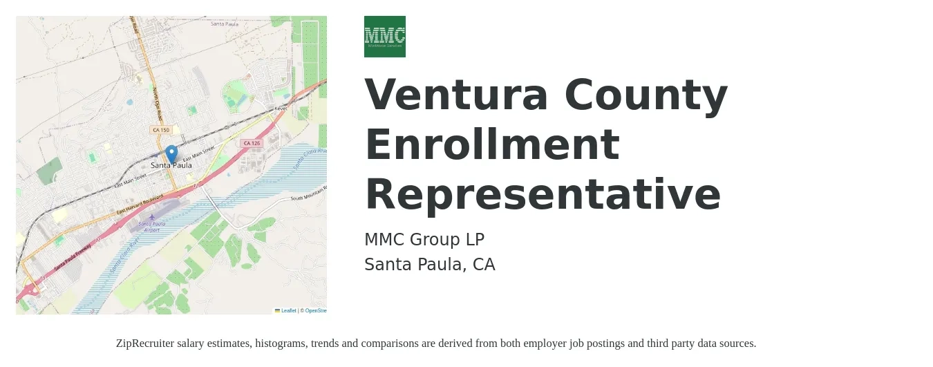MMC Group LP job posting for a Ventura County Enrollment Representative in Santa Paula, CA with a salary of $17 Hourly with a map of Santa Paula location.