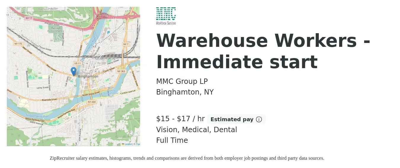 MMC Group LP job posting for a Warehouse Workers - Immediate start in Binghamton, NY with a salary of $16 to $18 Hourly and benefits including vision, dental, and medical with a map of Binghamton location.
