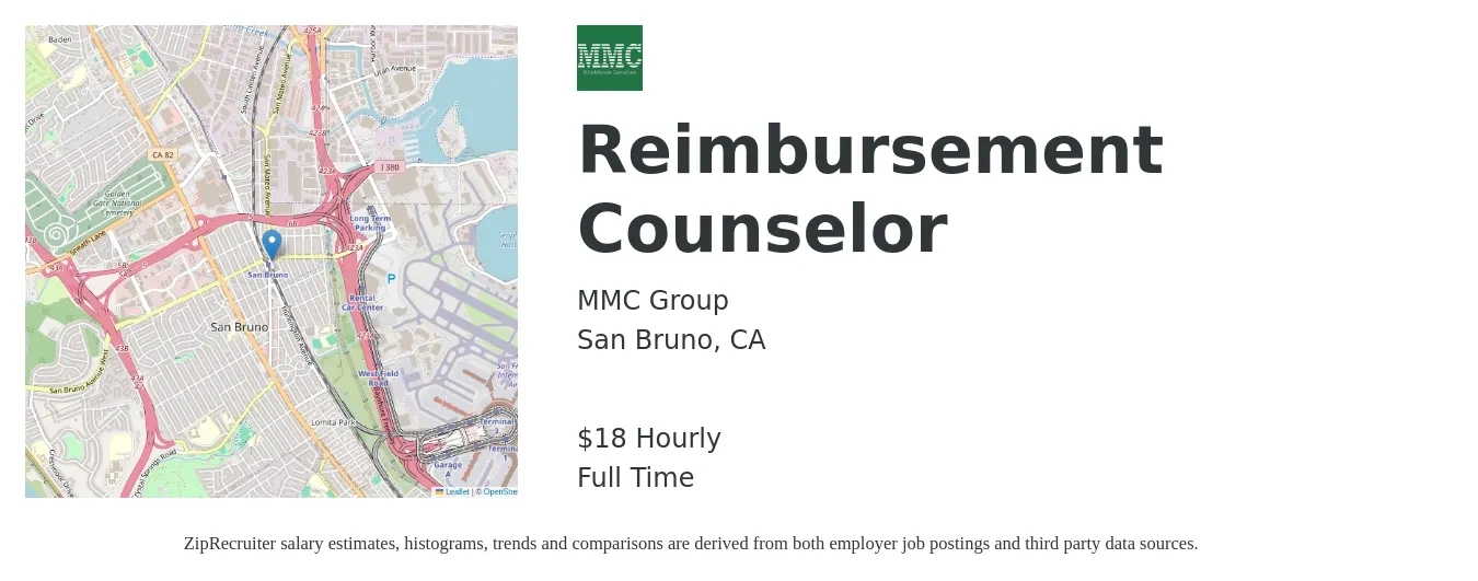 MMC Group job posting for a Reimbursement Counselor in San Bruno, CA with a salary of $20 Hourly with a map of San Bruno location.