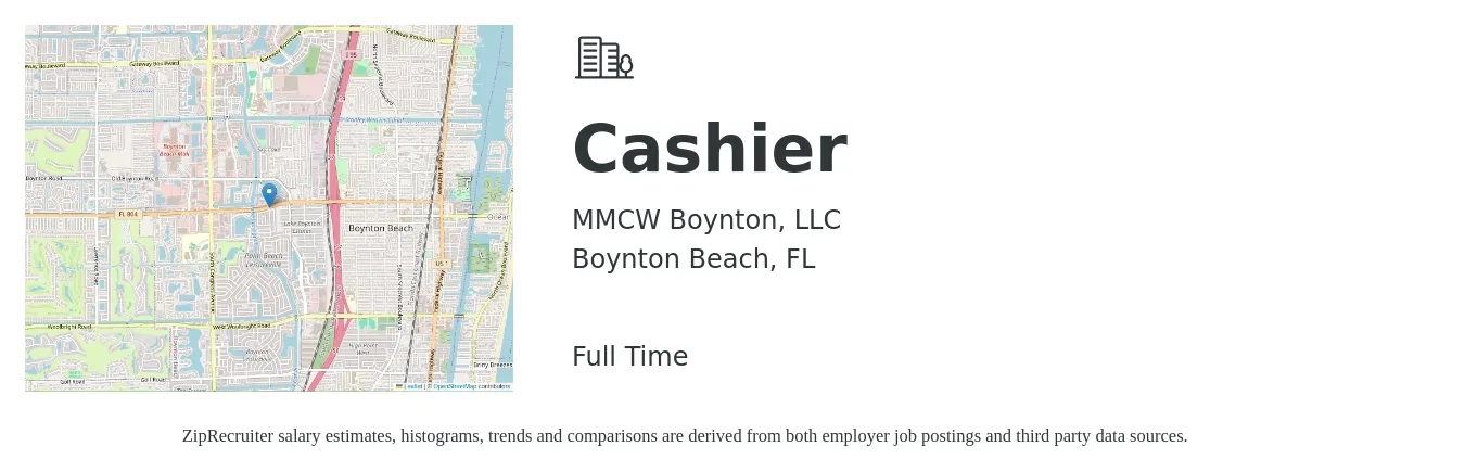 MMCW Boynton, LLC job posting for a Cashier in Boynton Beach, FL with a salary of $10 to $14 Hourly with a map of Boynton Beach location.