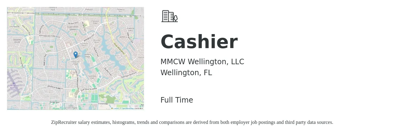 MMCW Wellington, LLC job posting for a Cashier in Wellington, FL with a salary of $11 to $15 Hourly with a map of Wellington location.