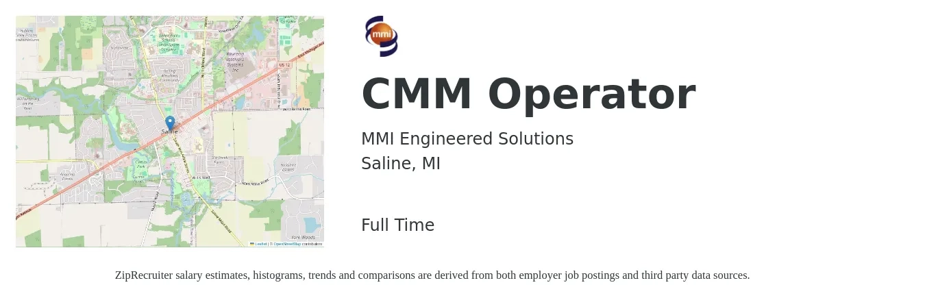 MMI Engineered Solutions job posting for a CMM Operator in Saline, MI with a salary of $18 to $26 Hourly with a map of Saline location.