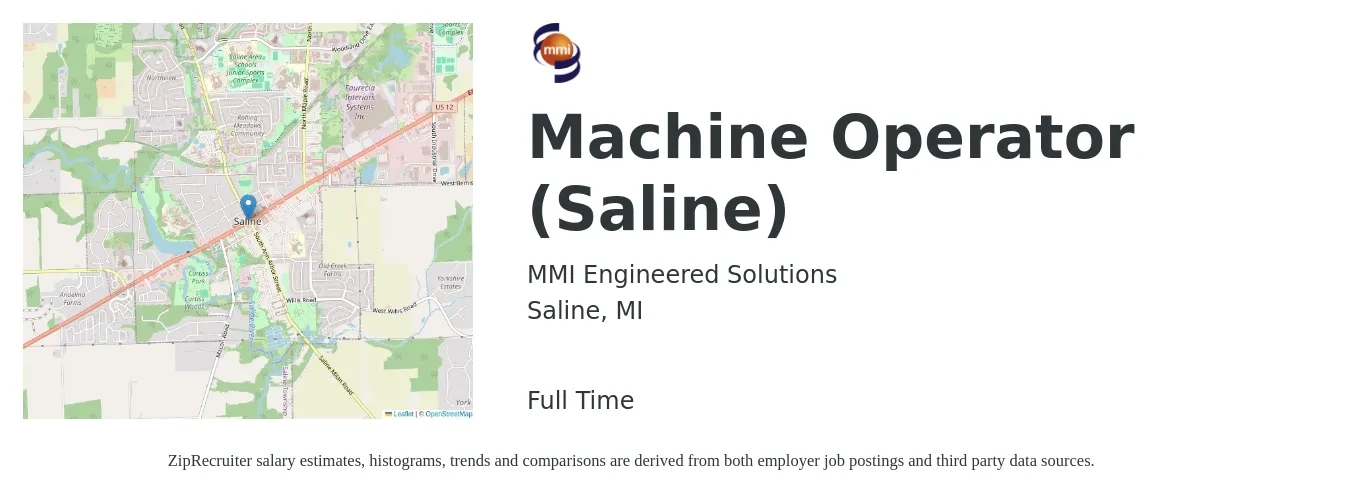 MMI Engineered Solutions job posting for a Machine Operator (Saline) in Saline, MI with a salary of $15 to $18 Hourly with a map of Saline location.