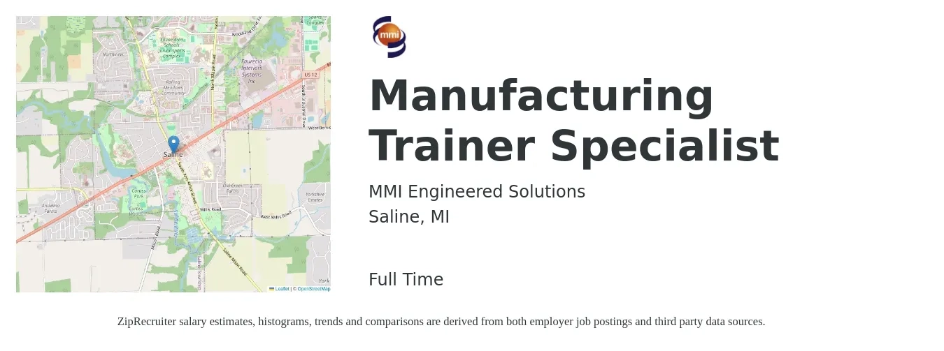 MMI Engineered Solutions job posting for a Manufacturing Trainer Specialist in Saline, MI with a salary of $19 to $27 Hourly with a map of Saline location.