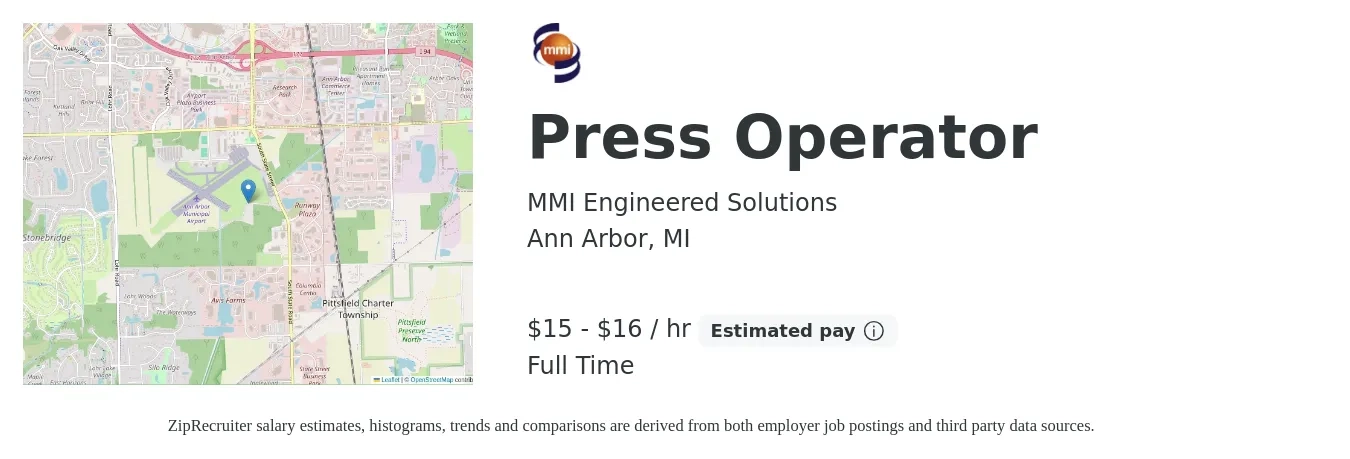 MMI Engineered Solutions job posting for a Press Operator in Ann Arbor, MI with a salary of $16 to $21 Hourly with a map of Ann Arbor location.