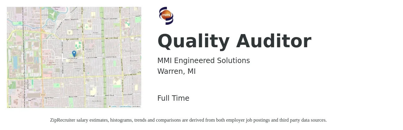 MMI Engineered Solutions job posting for a Quality Auditor in Warren, MI with a salary of $17 to $32 Hourly with a map of Warren location.