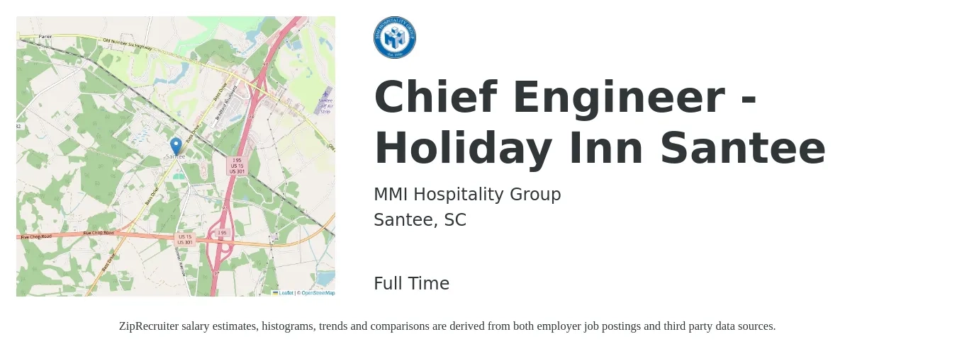 MMI Hospitality Group job posting for a Chief Engineer - Holiday Inn Santee in Santee, SC with a salary of $57,400 to $116,800 Yearly with a map of Santee location.