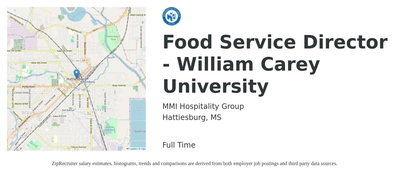 MMI Hospitality Group job posting for a Food Service Director - William Carey University in Hattiesburg, MS with a salary of $41,900 to $65,000 Yearly with a map of Hattiesburg location.