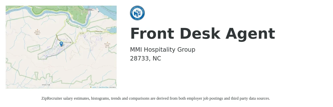 MMI Hospitality Group job posting for a Front Desk Agent in 28733, NC with a salary of $13 to $16 Hourly with a map of 28733 location.