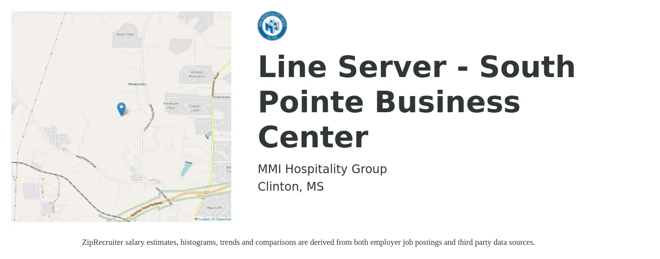 MMI Hospitality Group job posting for a Line Server - South Pointe Business Center in Clinton, MS with a salary of $11 to $16 Hourly with a map of Clinton location.