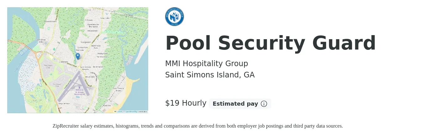 MMI Hospitality Group job posting for a Pool Security Guard in Saint Simons Island, GA with a salary of $20 Hourly with a map of Saint Simons Island location.