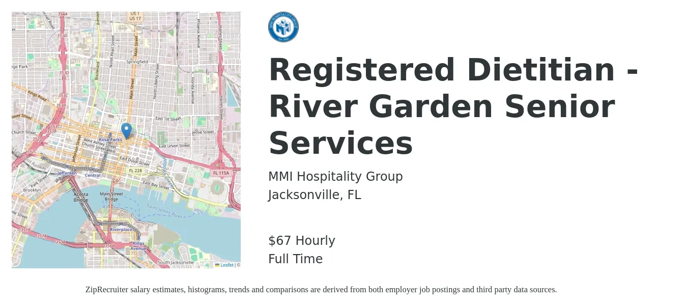 MMI Hospitality Group job posting for a Registered Dietitian - River Garden Senior Services in Jacksonville, FL with a salary of $70 Hourly with a map of Jacksonville location.