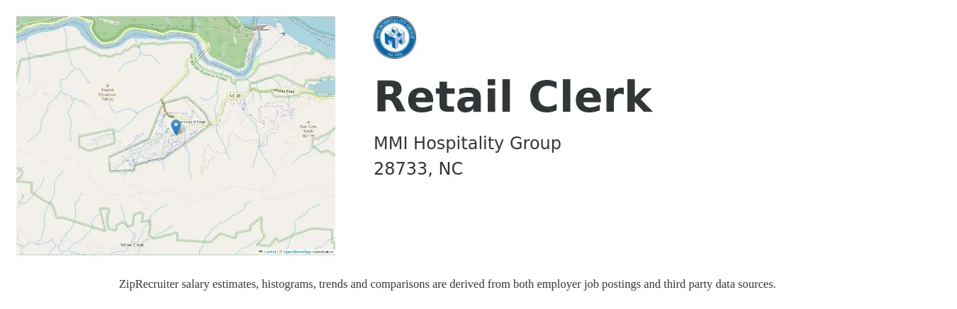 MMI Hospitality Group job posting for a Retail Clerk in 28733, NC with a salary of $12 to $16 Hourly with a map of 28733 location.