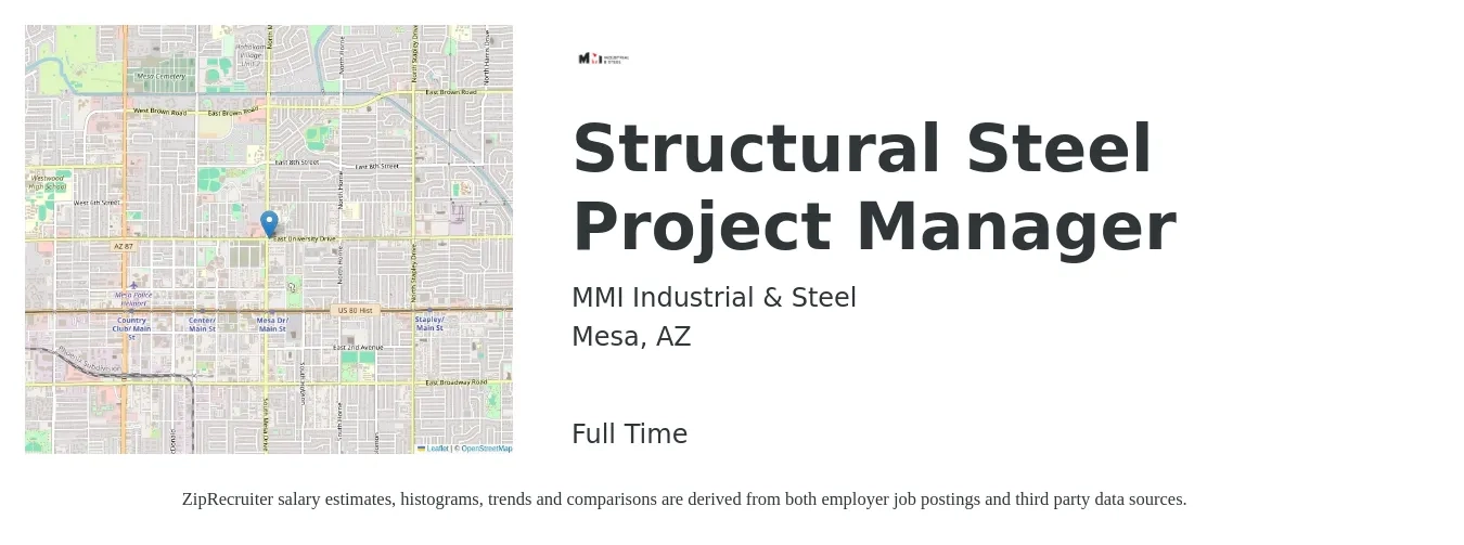 MMI Industrial & Steel job posting for a Structural Steel Project Manager in Mesa, AZ with a salary of $64,500 to $102,300 Yearly with a map of Mesa location.