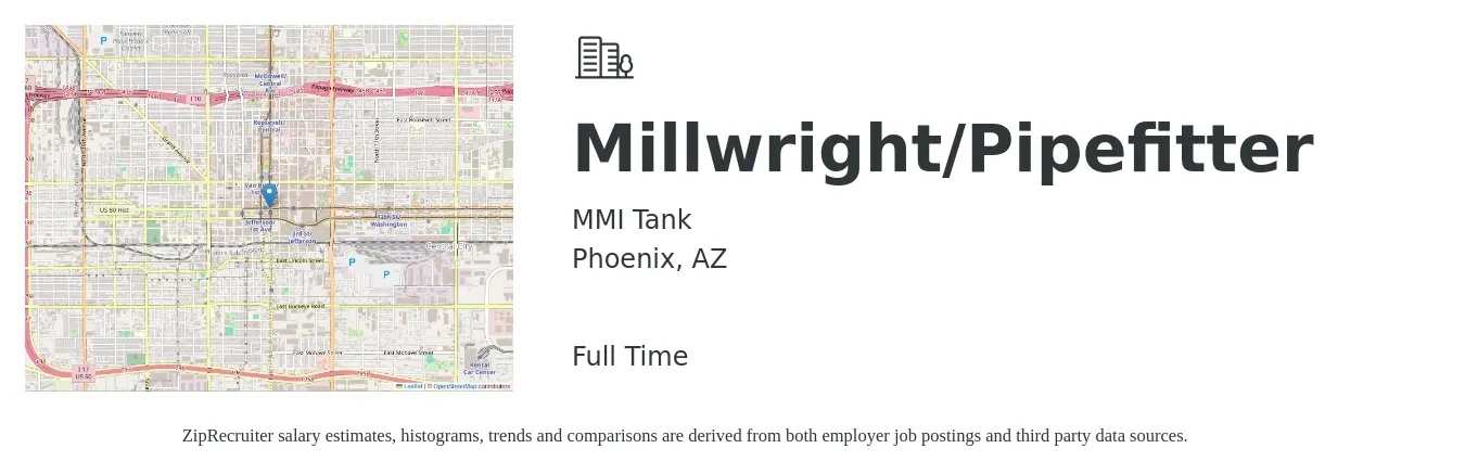 MMI Tank job posting for a Millwright/Pipefitter in Phoenix, AZ with a salary of $24 to $32 Hourly with a map of Phoenix location.
