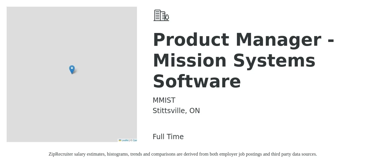 MMIST job posting for a Product Manager - Mission Systems Software in Stittsville, ON with a map of Stittsville location.