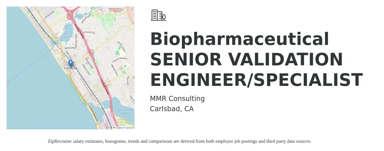 MMR Consulting job posting for a Biopharmaceutical SENIOR VALIDATION ENGINEER/SPECIALIST in Carlsbad, CA with a salary of $56 to $79 Hourly with a map of Carlsbad location.