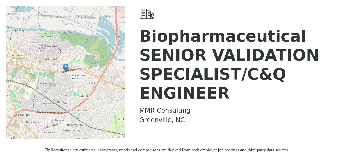 MMR Consulting job posting for a Biopharmaceutical SENIOR VALIDATION SPECIALIST/C&Q ENGINEER in Greenville, NC with a salary of $52 to $73 Hourly with a map of Greenville location.