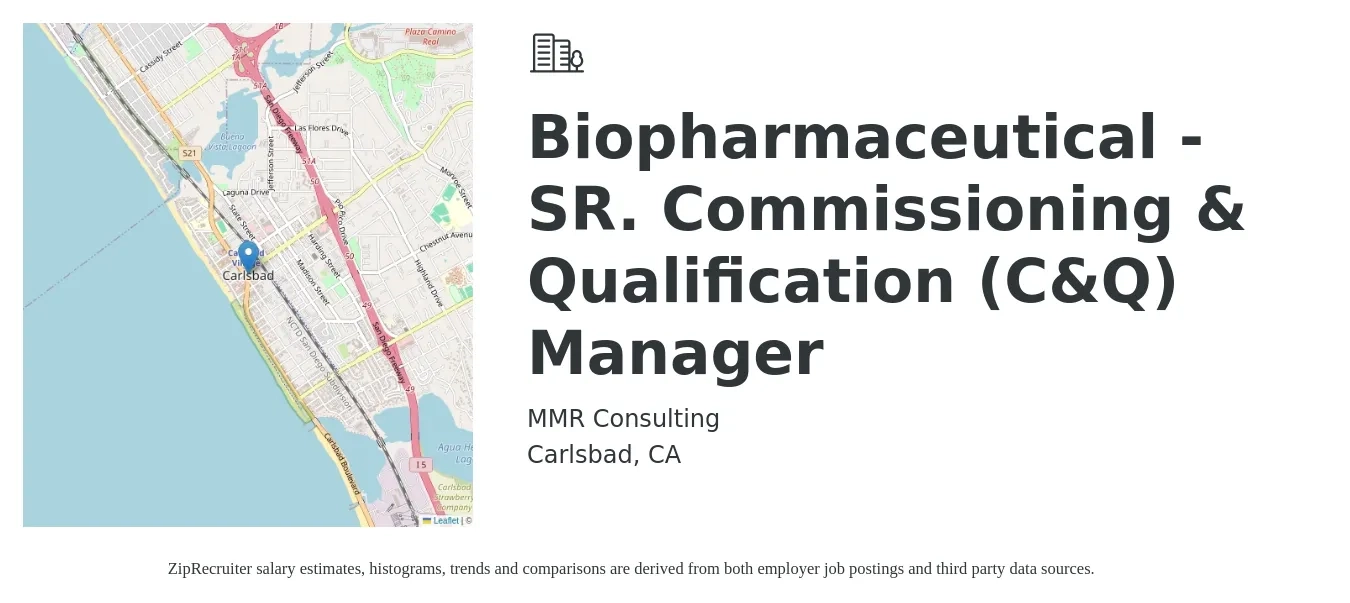 MMR Consulting job posting for a Biopharmaceutical - SR. Commissioning & Qualification (C&Q) Manager in Carlsbad, CA with a salary of $103,500 to $181,800 Yearly with a map of Carlsbad location.